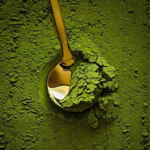 Gold spoon with green powder against a green textured background
